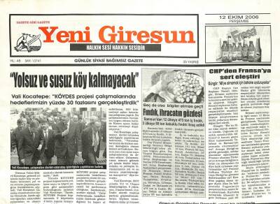 Yeni Giresun Gazetesi 12 Ekim 2006 - Yolsuz Ve Susuz Köy Kalmayacak GZ101926 - 2