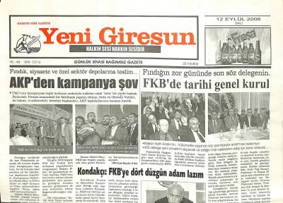 Yeni Giresun Gazetesi 12 Eylül 2006 - FKBde Tarihi Genel Kurul GZ101854 - 2