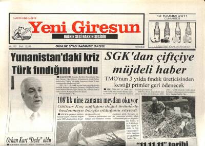 Yeni Giresun Gazetesi 12 Kasım 2011 - Yunanistan Krizi Türk Fındığını Vurdu GZ108871 - 1