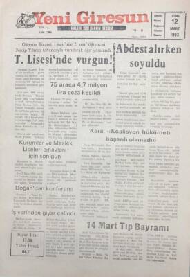 Yeni Giresun Gazetesi 12 Mart 1993 Giresun Ticaret Lisesinde Öğrenci Vuruldu GZ25503 - 1