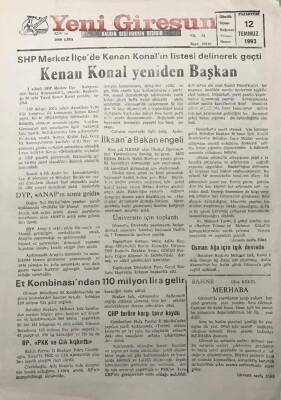 Yeni Giresun Gazetesi 12 Temmuz 1993 Kenan Konal Yeniden Başkan GZ30161 - 1