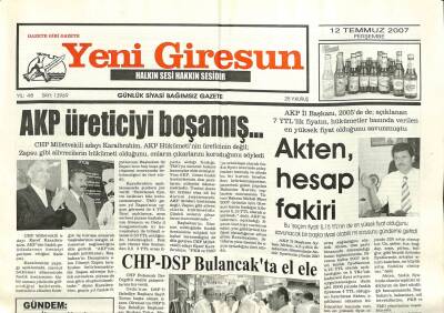 Yeni Giresun Gazetesi 12 Temmuz 2007 - CHP-DSP Bulancakta El Ele GZ101772 - 2