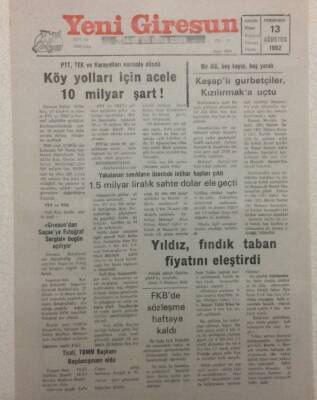 Yeni Giresun Gazetesi 13 Ağustos 1992 - Köy Yolları İçin Acele 10 Milyon Şart GZ32128 - 1