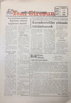 Yeni Giresun Gazetesi 13 Ekim 1990 Köylerle Telefon Bağlantısı Kesildi GZ26019 - 1