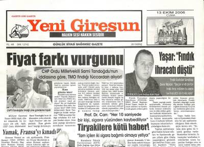 Yeni Giresun Gazetesi 13 Ekim 2006 - CHP Orman İşletmeyi Geri İstiyor GZ107920 - 1