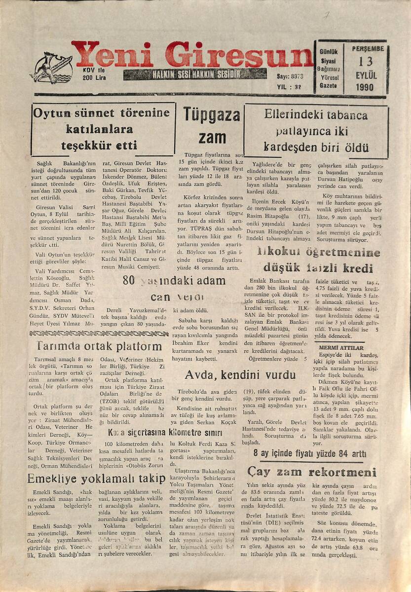 Yeni Giresun Gazetesi 13 Eylül 1990 - Çay Zam Rekortmeni - TC Devlet Orman İşletmesi Tirebolu Müdürlüğünden İlan GZ2068 - 1
