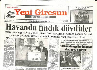 Yeni Giresun Gazetesi 13 Eylül 2006 - FKB Delegesi Fiskomar Ve Ordu Yağ Sanayinin Satışını İstemedi GZ107827 - 1