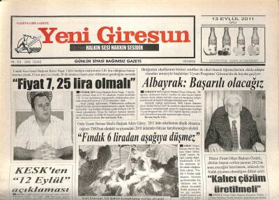 Yeni Giresun Gazetesi 13 Eylül 2011 - Üreticinin Yüzü Gülmeli GZ108957 - 1