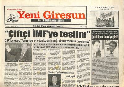 Yeni Giresun Gazetesi 13 Kasım 2006 - Çiftçi IMFe Teslim GZ101845 - 2