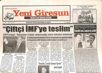 Yeni Giresun Gazetesi 13 Kasım 2006 - Çiftçi İMFye Teslim GZ107944 - 1