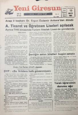 Yeni Giresun Gazetesi 13 Mayıs 1991 DYPBu İktidara Halk Güvenmiyor GZ25639 - 1