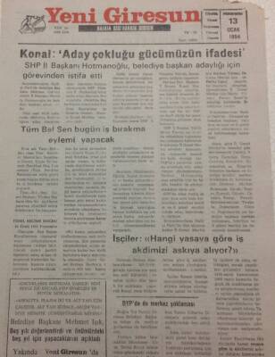 Yeni Giresun Gazetesi 13 Ocak 1994 - Tüm Bel Bugün İş Bırakma Eylemi Yapacak GZ38215 - 1