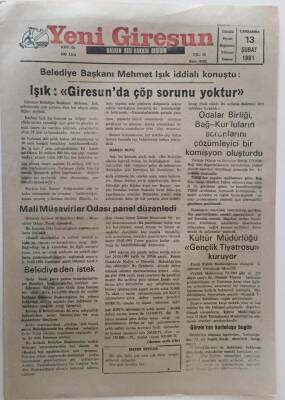 Yeni Giresun Gazetesi 13 Şubat 1991 - Işık Giresunda Çöp Sorunu Yoktur GZ31089 - 1