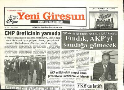 Yeni Giresun Gazetesi 13 Temmuz 2006 - Fındık AKPyi Sandığa Gömecek GZ101924 - 2