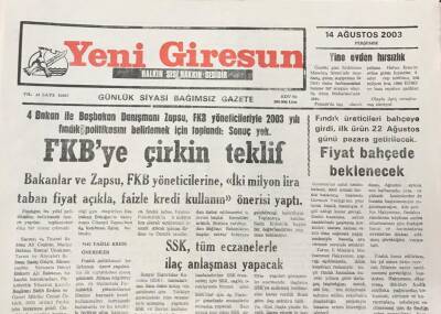 Yeni Giresun Gazetesi 14 Ağustos 2003 FKBye Çirkin Teklif GZ30348 - 1