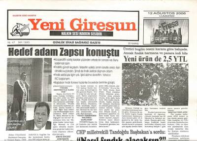 Yeni Giresun Gazetesi 14 Ağustos 2006 - Alfatoksin Uyarısı GZ108600 - 1