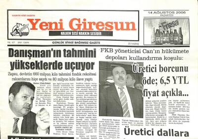Yeni Giresun Gazetesi 14 Ağustos 2006 - Muhtarlar FKBnin Yanındayız GZ101895 - 2