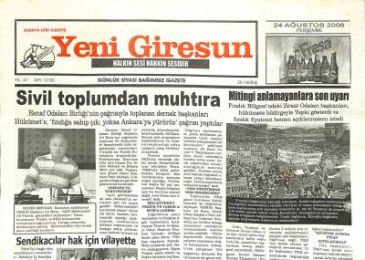 Yeni Giresun Gazetesi 14 Ağustos 2006 - Sivil Toplumdan Muhtıra GZ101886 - 1