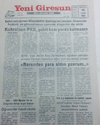 Yeni Giresun Gazetesi 14 Eylül 1992 - Kahrolsun Pkk GZ40731 - 1
