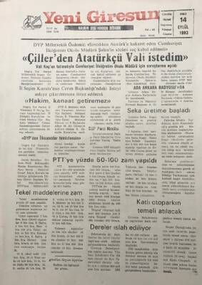 Yeni Giresun Gazetesi 14 Eylül 1993Çillerden Atatürkçü Vali İstedim GZ30081 - 1