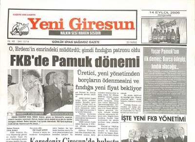 Yeni Giresun Gazetesi 14 Eylül 2006 - FKBde Pamuk Dönemi GZ107824 - 1