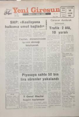 Yeni Giresun Gazetesi 14 Kasım 1991 SHPKoalisyona Halkımız Umut Bağladı GZ25531 - 1