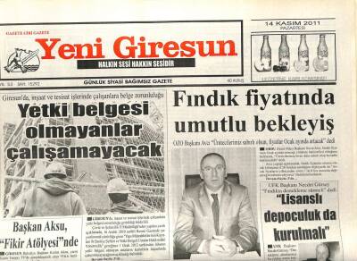Yeni Giresun Gazetesi 14 Kasım 2011 - Yetki Belgesi Olmayan Çalışamayacak GZ108870 - 1