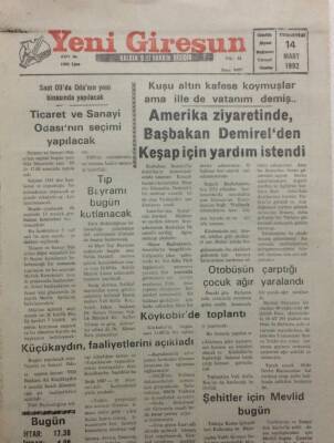 Yeni Giresun Gazetesi 14 Mart 1992 - Başbakan Demirelden Keşap İçin Yardım İstedi GZ34569 - 1