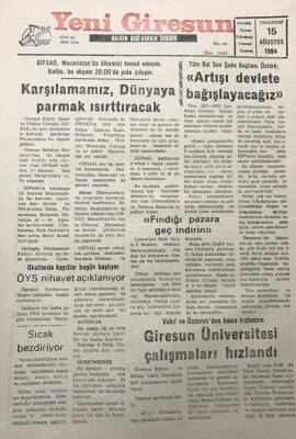 Yeni Giresun Gazetesi 15 Ağustos 1994Mehmet KaramustafaoğluFındığı Pazara Geç İndirin GZ30019 - 1