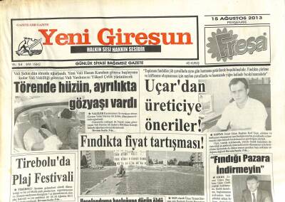 Yeni Giresun Gazetesi 15 Ağustos 2013 - Fındığı Pazara İndirmeyin GZ101842 - 1