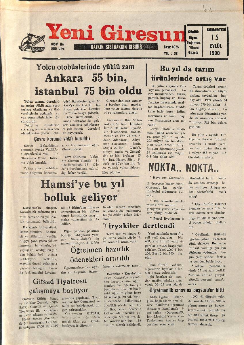 Yeni Giresun Gazetesi 15 Eylül 1990 - Hamsi'ye Bu Yıl Bolluk Geliyor - Gitsadd Tiyatrosu Çalışmaya Başlıyor GZ2090 - 1