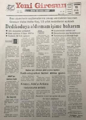 Yeni Giresun Gazetesi 15 Eylül 1993Başkan Mehmet Işık Giresun Güzel Şeylere Layıktır GZ30082 - 1