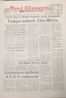 Yeni Giresun Gazetesi 15 Haziran 1990 Fındığın Maliyeti3 Bin 500 Lira GZ25614 - 1