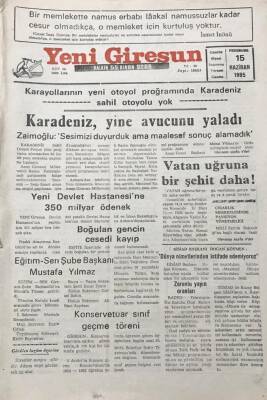 Yeni Giresun Gazetesi 15 Haziran 1995 Vatan Uğruna Bir Şehit Daha GZ30354 - 1