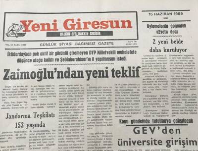 Yeni Giresun Gazetesi 15 Haziran 1999 Zaimoğlundan Yeni TeklifGZ30524 - 1