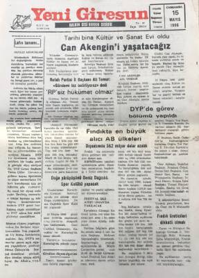 Yeni Giresun Gazetesi 15 Mayıs 1996 Fındıkta En Büyük Alıcı AB Ülkeleri GZ30445 - 1