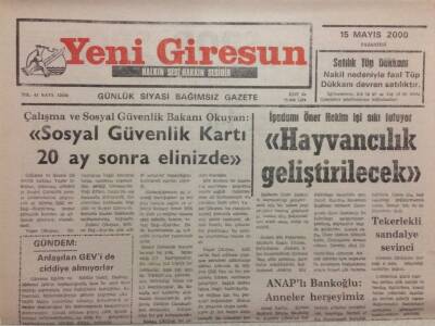 Yeni Giresun Gazetesi 15 Mayıs 2000 - Hayvancılık Geliştirilecek GZ35447 - 1