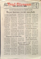Yeni Giresun Gazetesi 15 Ocak 1993 - Devlet Hastanesinin Sınır Tespiti Yapıldı - Baykal, CHP'nin Ağır Toplarıyla Geliyor GZ2960 - Gökçekoleksiyon