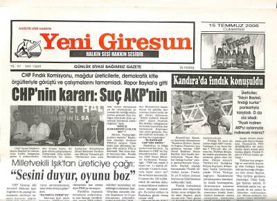 Yeni Giresun Gazetesi 15 Temmuz 2006 - CHPnin KararıSuç AKPnin GZ108575 - 1