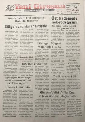 Yeni Giresun Gazetesi 16 Ağustos 1993Giresun Valisi Attila Koç Hayır Zihniyeti Değişmeli GZ30086 - 1