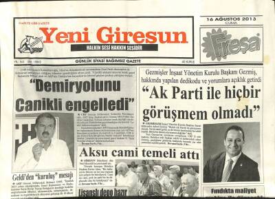 Yeni Giresun Gazetesi 16 Ağustos 2013 - Demiryolunu Canikli Engelledi GZ101841 - 2