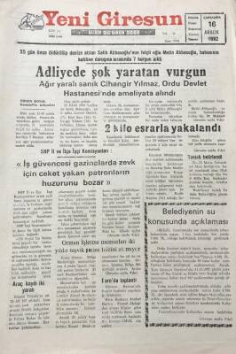 Yeni Giresun Gazetesi 16 Aralık 1992 Adliyede Şok Yaratan Vurgun GZ30353 - 1