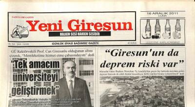 Yeni Giresun Gazetesi 16 Aralık 2011 - Giresunda Deprem Riski Var GZ108917 - 1