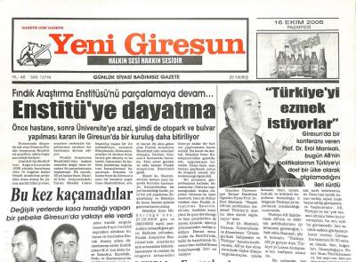 Yeni Giresun Gazetesi 16 Ekim 2006 - MHPden Fransaya Kınama GZ107922 - 1
