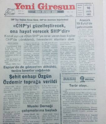 Yeni Giresun Gazetesi 16 Eylül 1992 - Şehit Onbaşı Özgün Özdemir Toprağa Verildi GZ40729 - 1