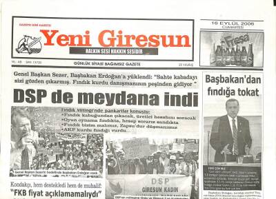Yeni Giresun Gazetesi 16 Eylül 2006 - Başbakandan Fındığa Tokat GZ107821 - 1