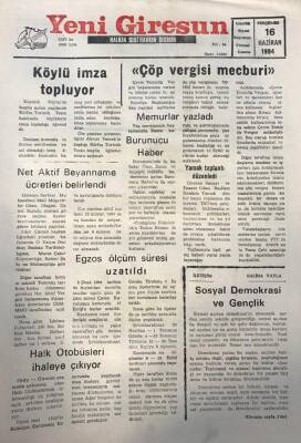 Yeni Giresun Gazetesi 16 Haziran 1994 Çöp Vergisi Mecburi GZ25969 - 1