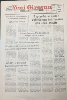 Yeni Giresun Gazetesi 16 Kasım 1992 ANAP Bürokrat Kıyımının Yarınıda Var GZ25696 - 1