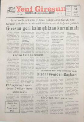 Yeni Giresun Gazetesi 16 Mart 1993 Dizdar Yeniden Başkan GZ25506 - 1