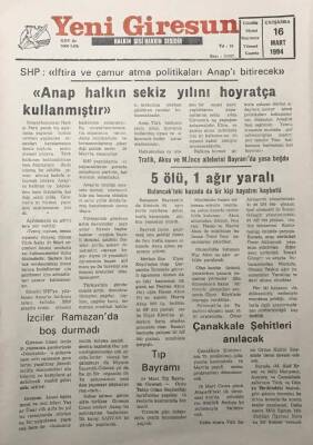 Yeni Giresun Gazetesi 16 Mart 1994Shp İftira Ve Çamur Atma Politikaları Anapı Bitirecek GZ30104 - 1